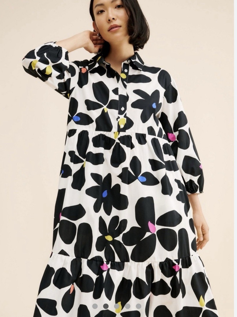 Anthropologie Maeve The Bettina Tiered Shirt Midi Dress Black White Floral Large